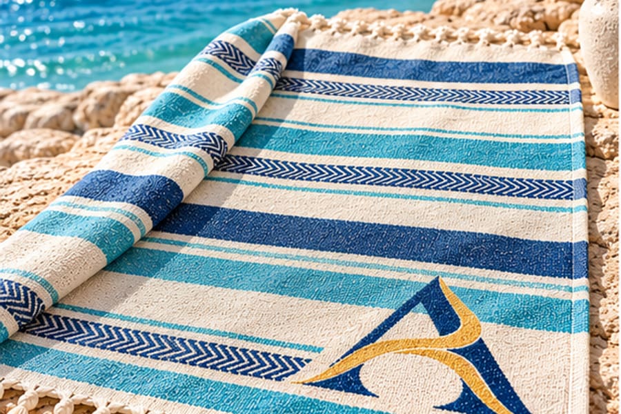 Adam Ayzek logo woven into a Turkish peshtemal beach towel for custom branded wholesale gifts