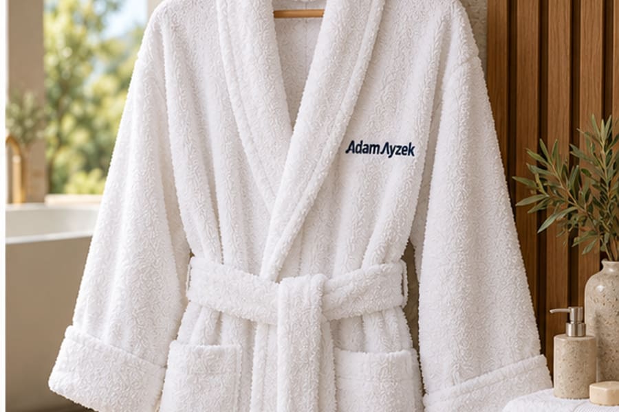 White Turkish terry bathrobe with subtle Adam Ayzek branding for spa and hospitality use