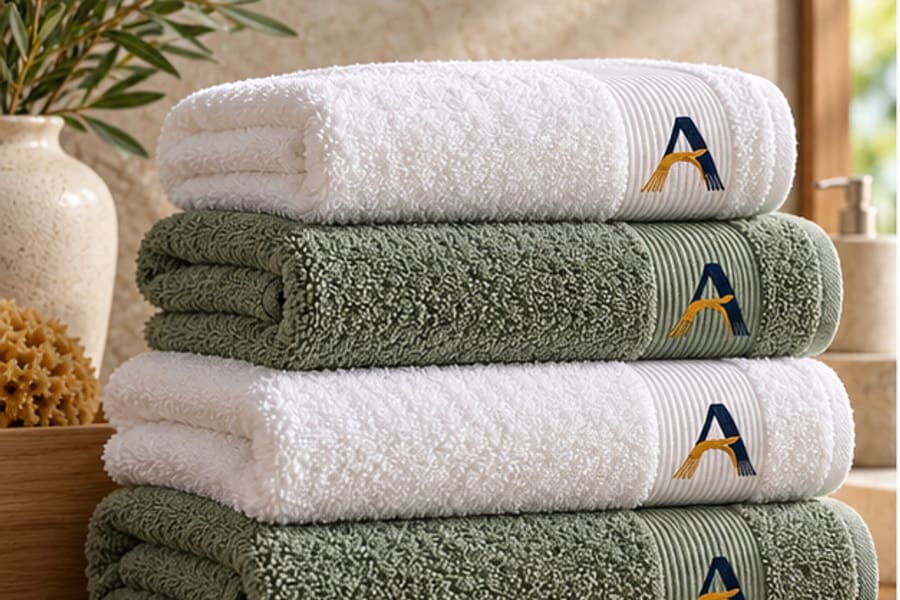 Custom branded Turkish terry cotton towels with Adam Ayzek woven logo for hotel, spa and wholesale collections