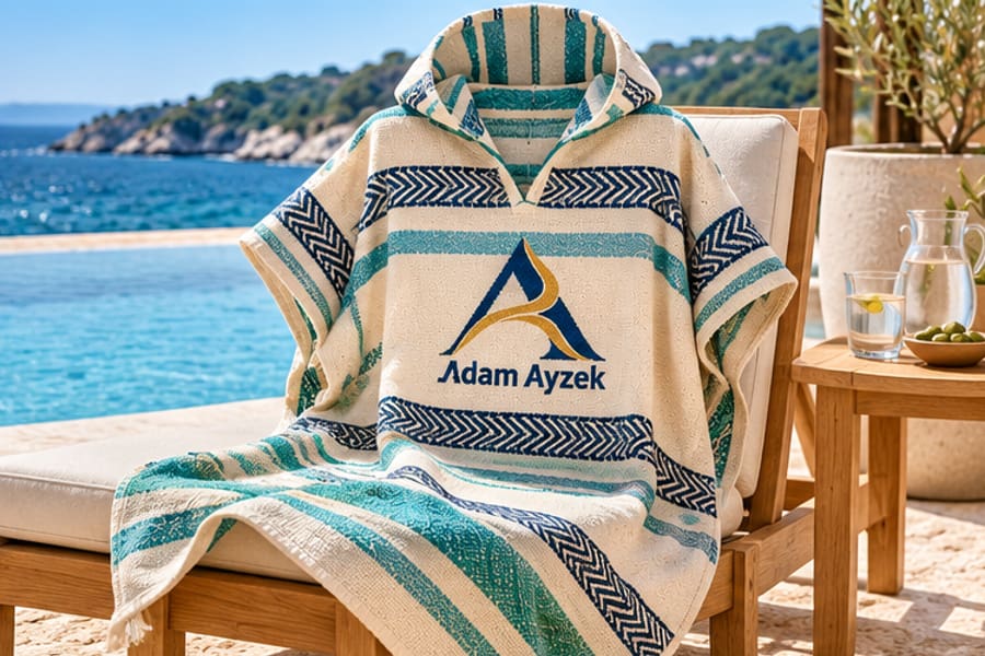 Custom branded hooded Turkish peshtemal beach poncho for resort and outdoor promotions