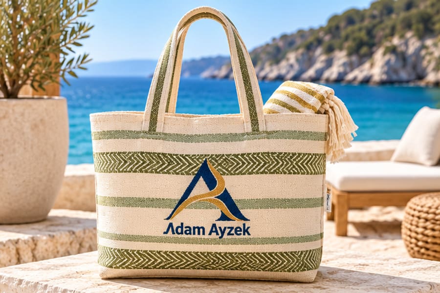 Custom branded Turkish peshtemal beach tote bag with woven Adam Ayzek logo