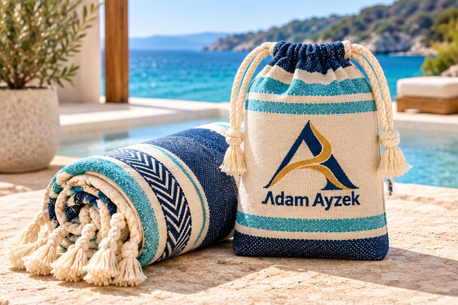 Turkish peshtemal travel towel set in matching branded cotton carry pouch