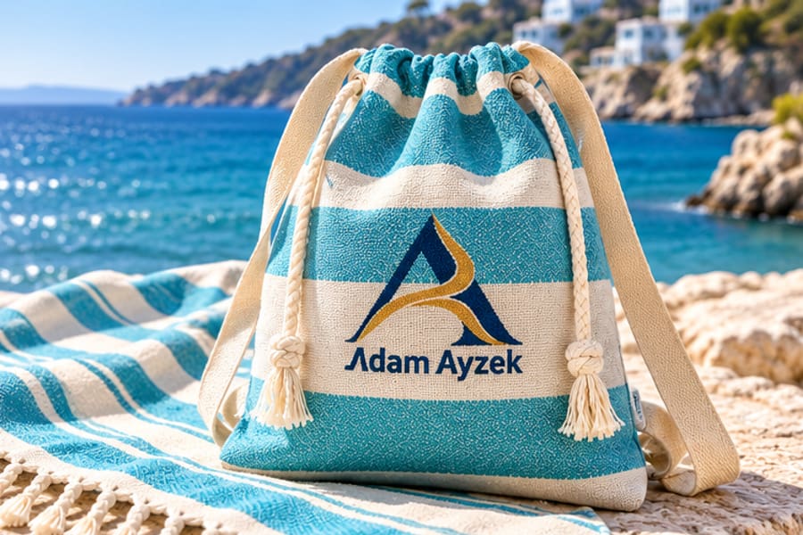 Two in one Turkish peshtemal towel and branded drawstring backpack promotional product
