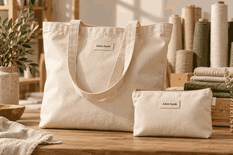 Animated selection of branded promotional gifts: cotton tote and pouch, travel tumbler and towel-peshtemal gift set