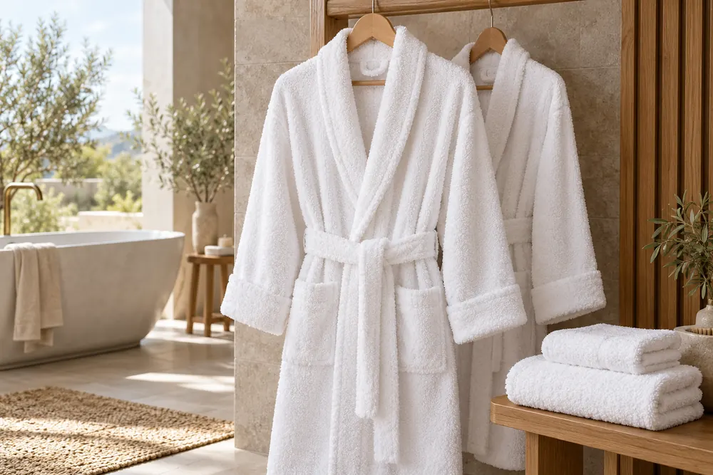 White Turkish terry cotton bathrobes for spa and hospitality collections